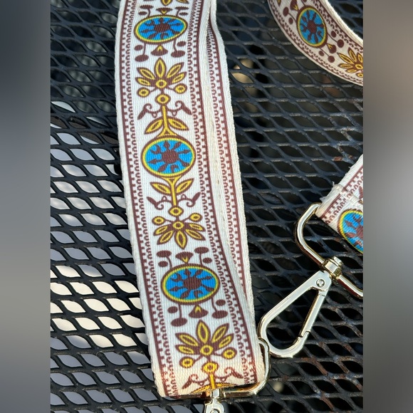 Crossbody Bag Strap In Cream with Blue And Gold. Gold hardware, 2 inches Wide. - Picture 8 of 8